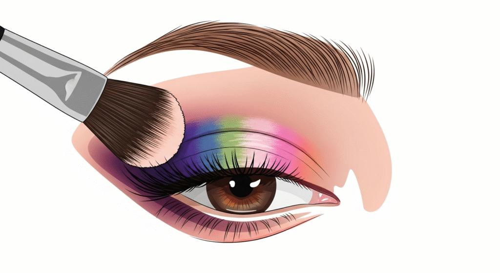 Uma ilustração vetorial minimalista e moderna de um close-up do olho de uma mulher, com um pincel de esfumar criando uma transição suave entre as cores da sombra. Foco no movimento e na suavidade. Estilo clean, com linhas suaves e cores vibrantes.