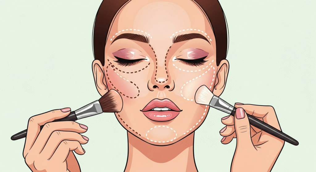 Uma ilustração vetorial minimalista e moderna do rosto de uma mulher, com linhas pontilhadas indicando as áreas de contorno e iluminação. Uma mão aplica o contorno abaixo das maçãs do rosto e a outra, o iluminador nas partes altas do rosto. Estilo clean, com linhas suaves e cores vibrantes.